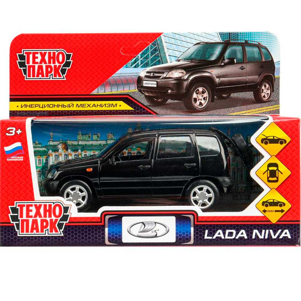 Модель LADANIVA-12-BK-WOD LADA NIVA длина 12 см, двери, багаж, инерц, черный, Технопарк  в кор. 