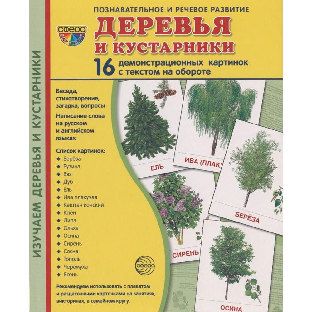 Дем. картинки СУПЕР Деревья и кустарники. 16 демонстр. картинок с текстом (учебно-методическое пособ