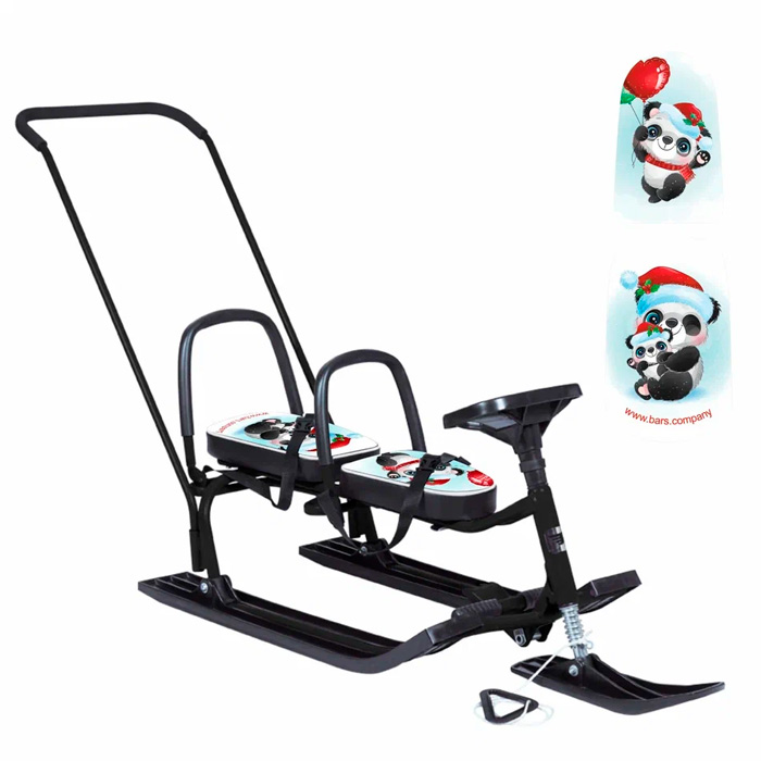 Снегокат 505 высокий SNOWKAT TWINS BABY PUSH для двоих, с 2 склад спинками П-обр толк.Панды маскарад